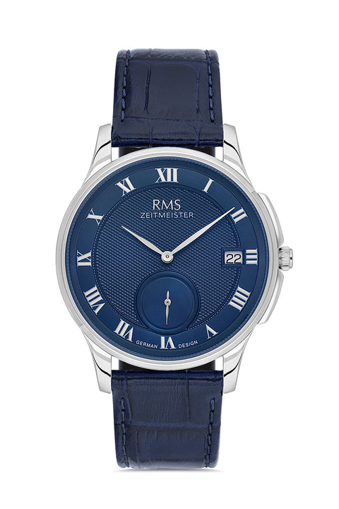 RMS Zeitmeister AG2215.103 men's watch with blue dial, silver-tone case and blue genuine leather strap – front view