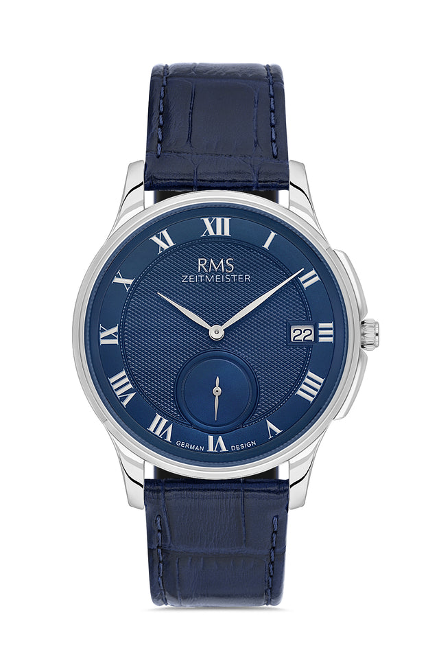 RMS Zeitmeister AG2215.103 men's watch with blue dial, silver-tone case and blue genuine leather strap – front view