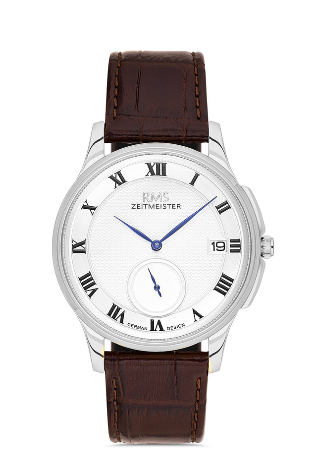 RMS Zeitmeister AG2215.110 men's watch with white dial, silver-tone case and brown genuine leather strap – front view