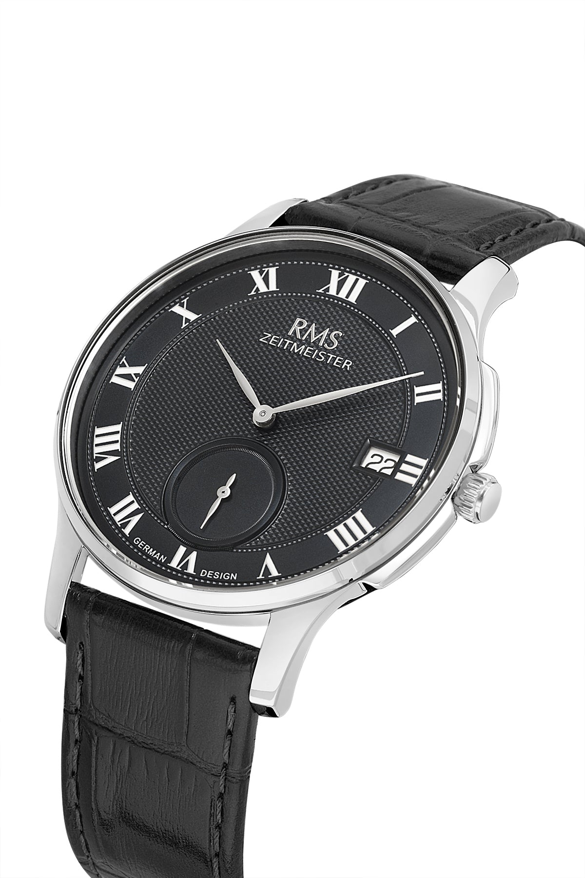 RMS Zeitmeister AG2215.92 men's watch with black dial, silver-tone case and black genuine leather strap – angled view