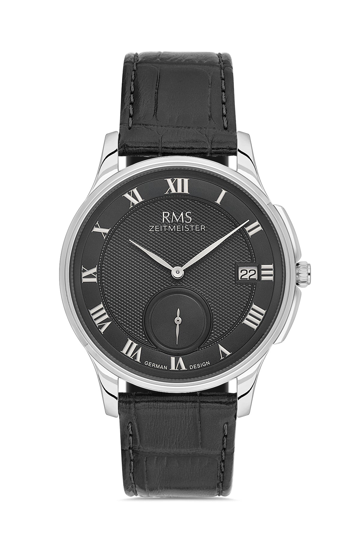 RMS Zeitmeister AG2215.92 men's watch with black dial, silver-tone case and black genuine leather strap – front view