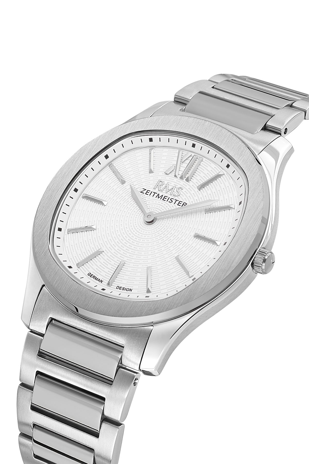 RMS Zeitmeister AG2218.10 men's watch with silver dial, silver-tone case and stainless steel bracelet – angled view