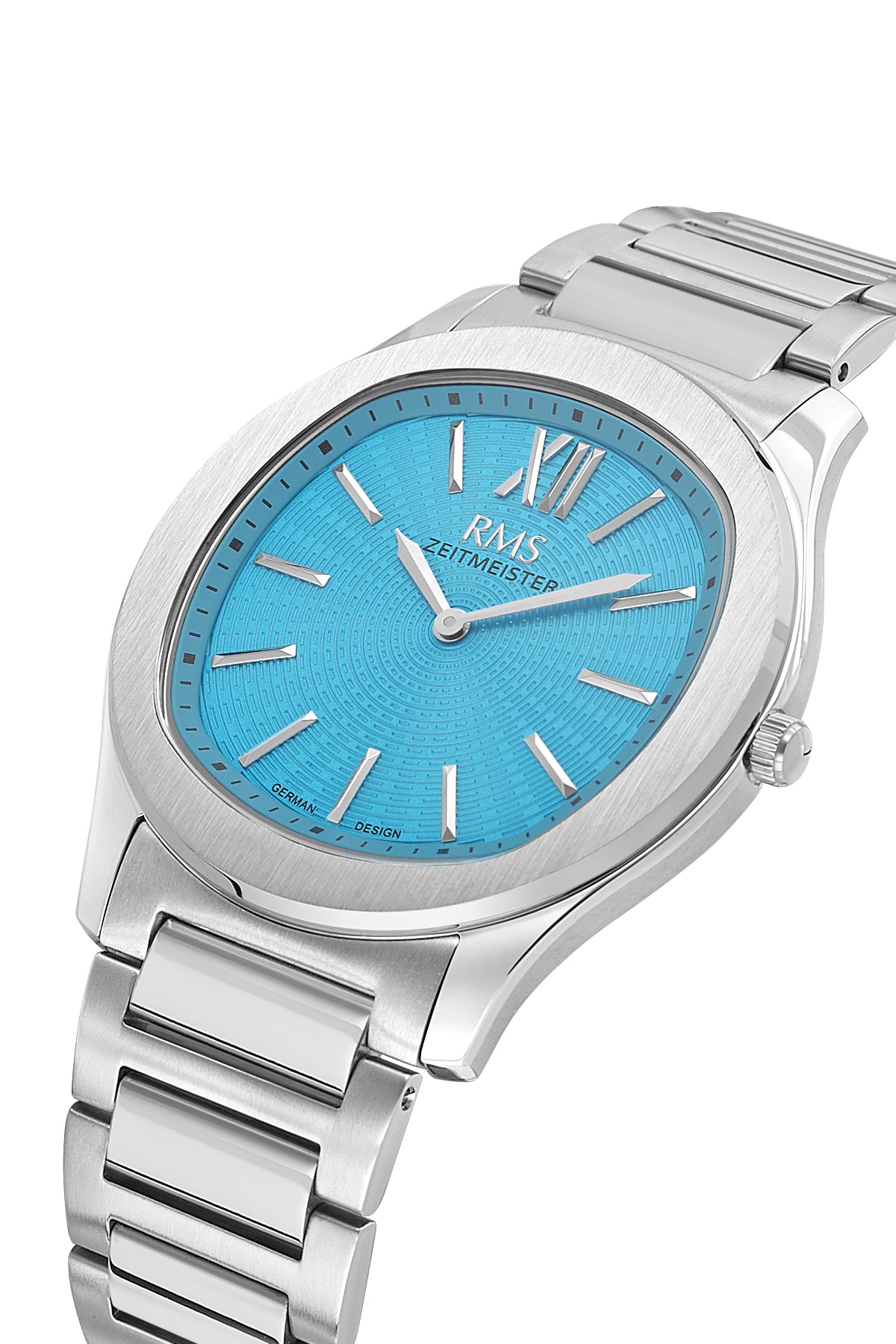 RMS Zeitmeister AG2218.119 men's watch with turquoise dial, silver-tone case and stainless steel bracelet – angled view