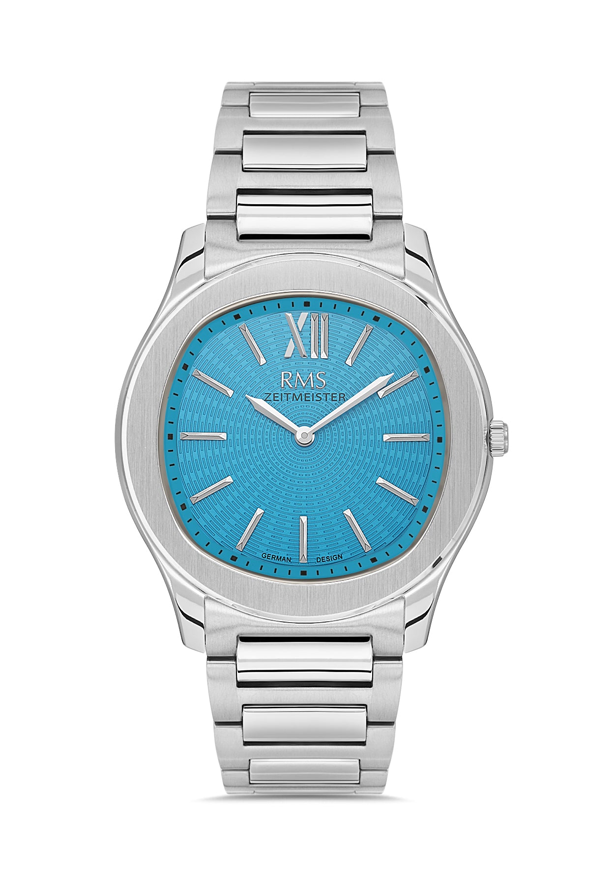 RMS Zeitmeister AG2218.119 men's watch with turquoise dial, silver-tone case and stainless steel bracelet – front view