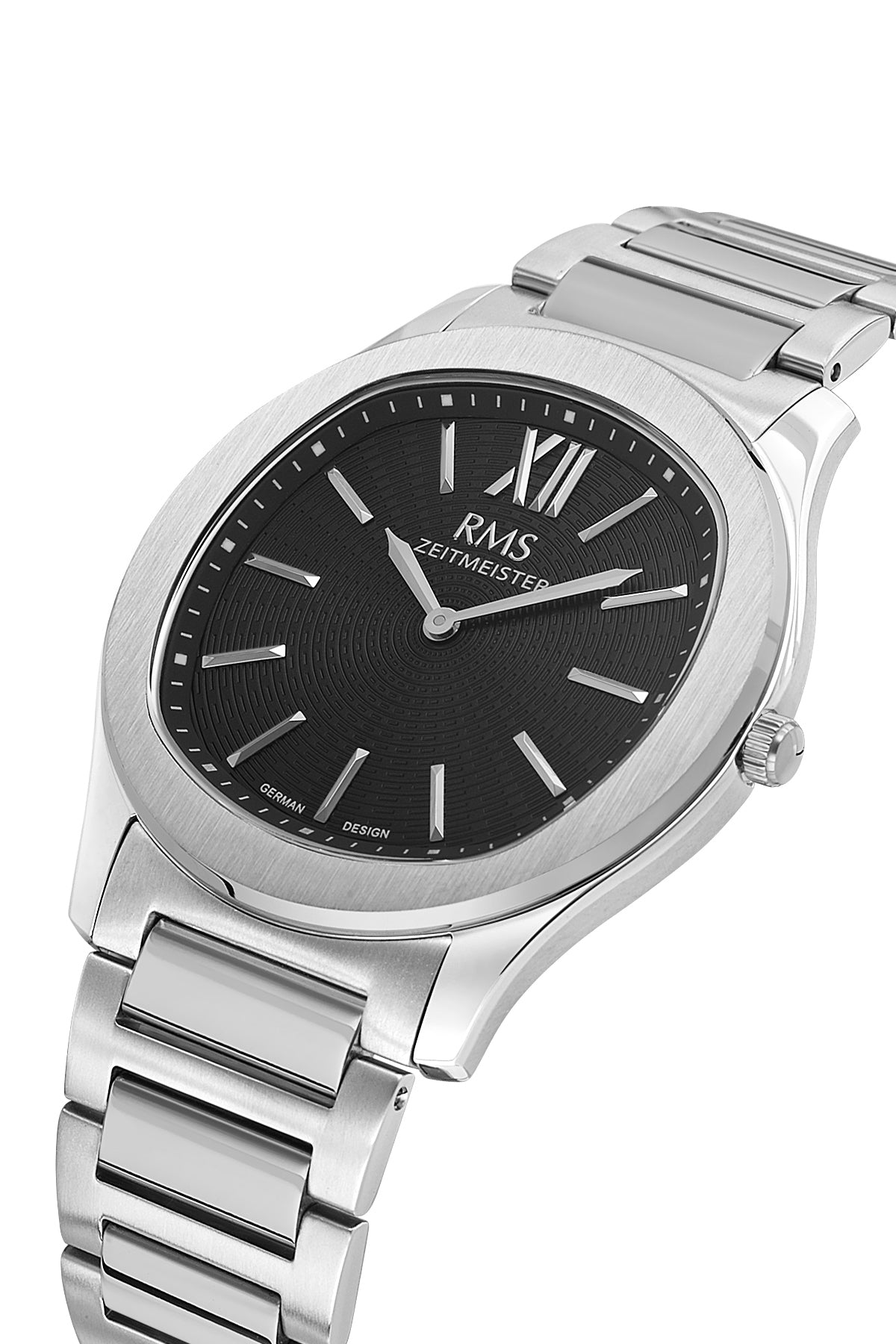 RMS Zeitmeister AG2218.12 men's watch with black dial, silver-tone case and stainless steel bracelet – angled view