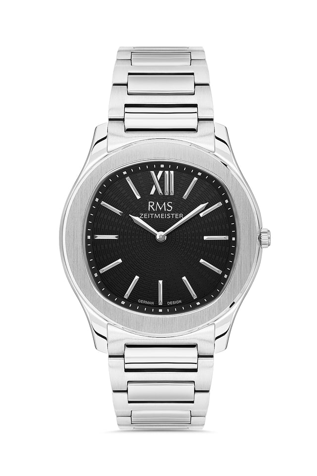 RMS Zeitmeister AG2218.12 men's watch with black dial, silver-tone case and stainless steel bracelet – front view