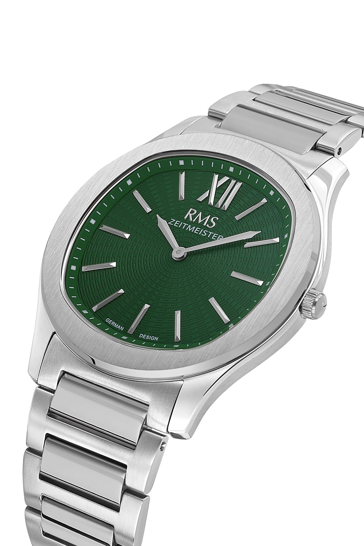 RMS Zeitmeister AG2218.19 men's watch with green dial, silver-tone case and stainless steel bracelet – angled view