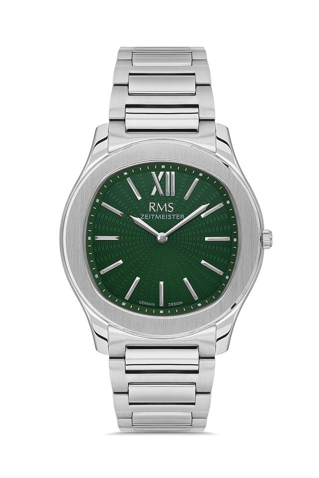 RMS Zeitmeister AG2218.19 men's watch with green dial, silver-tone case and stainless steel bracelet – front view