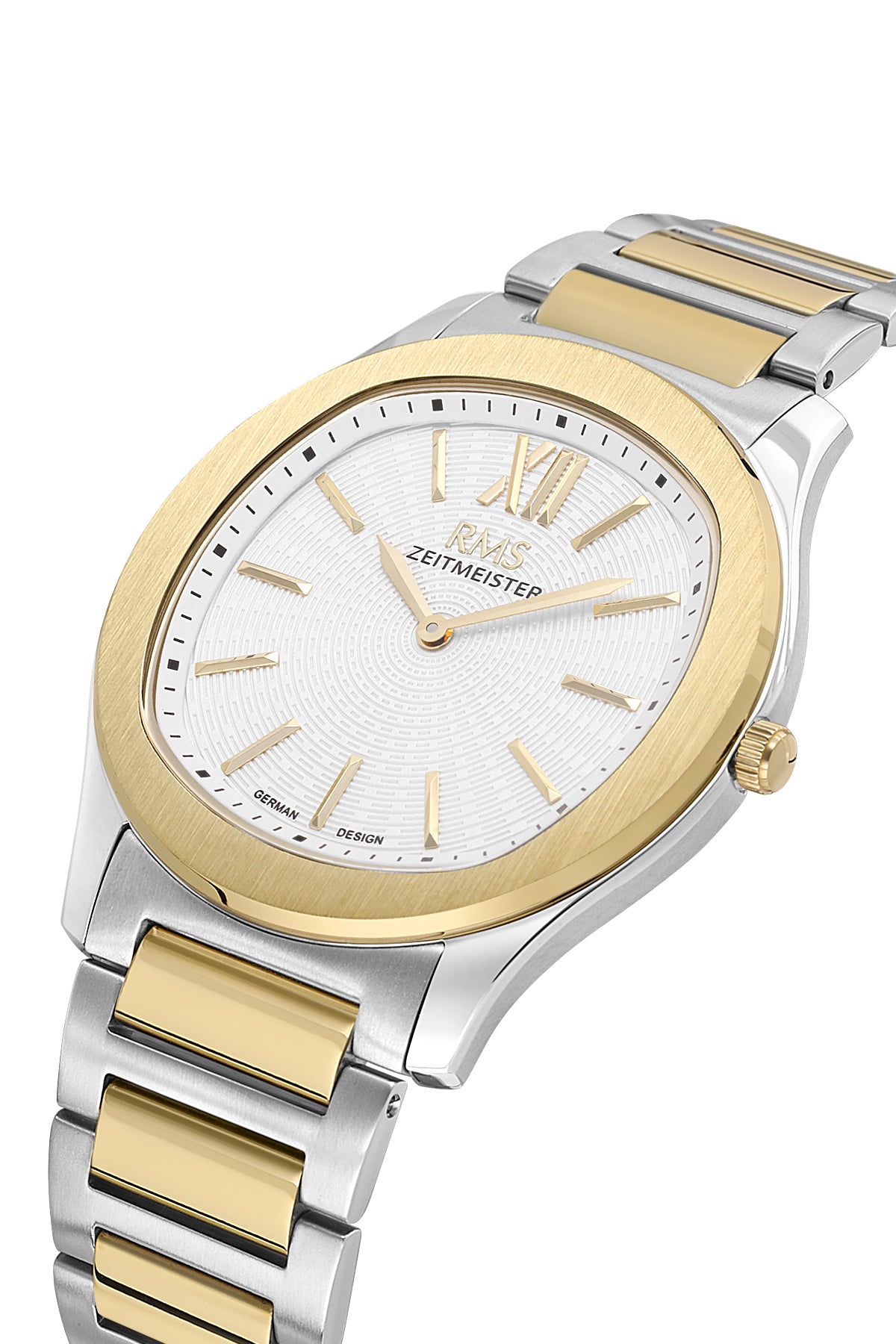 RMS Zeitmeister AG2218.40 men's watch with silver dial, two-tone case and stainless steel bracelet – angled view