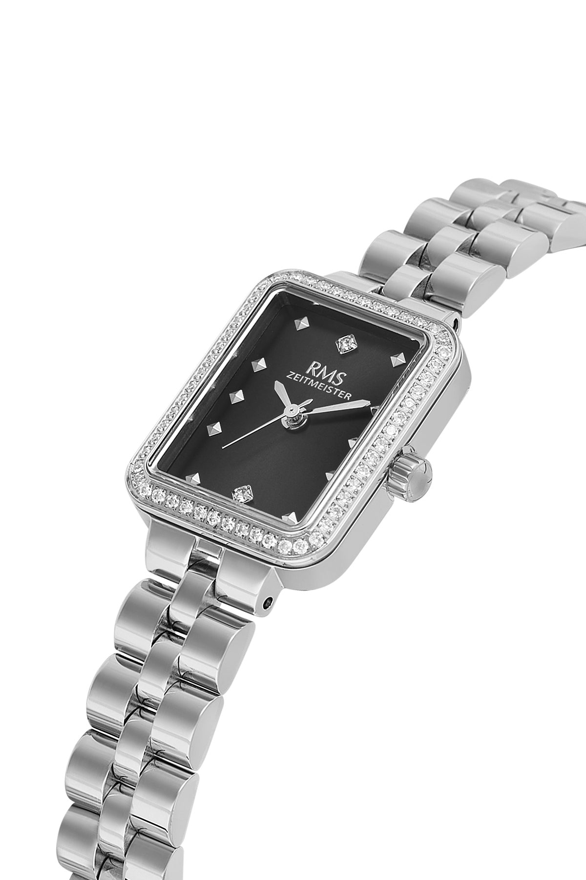 RMS Zeitmeister AG2225.12 women's watch with black dial, silver-tone case and stainless steel bracelet – angled view