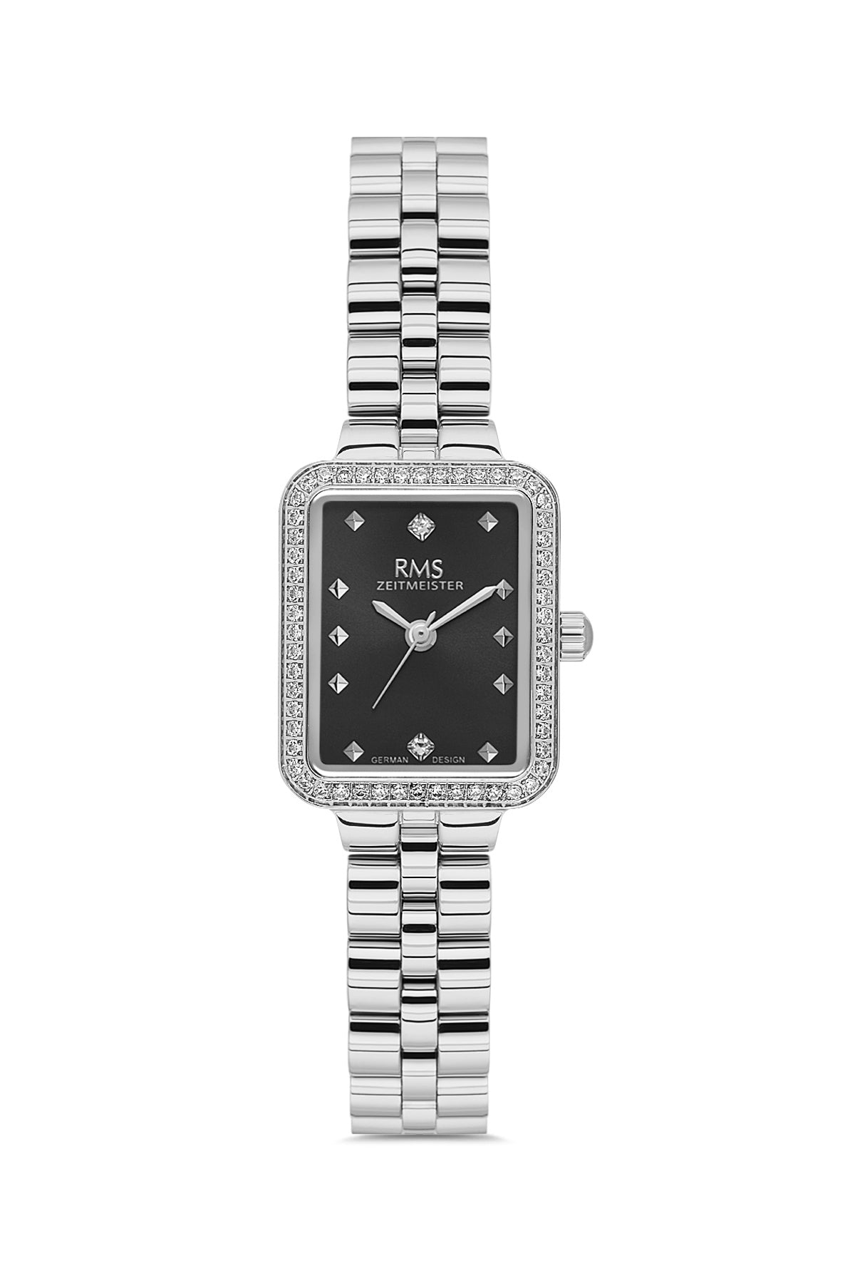 RMS Zeitmeister AG2225.12 women's watch with black dial, silver-tone case and stainless steel bracelet – front view