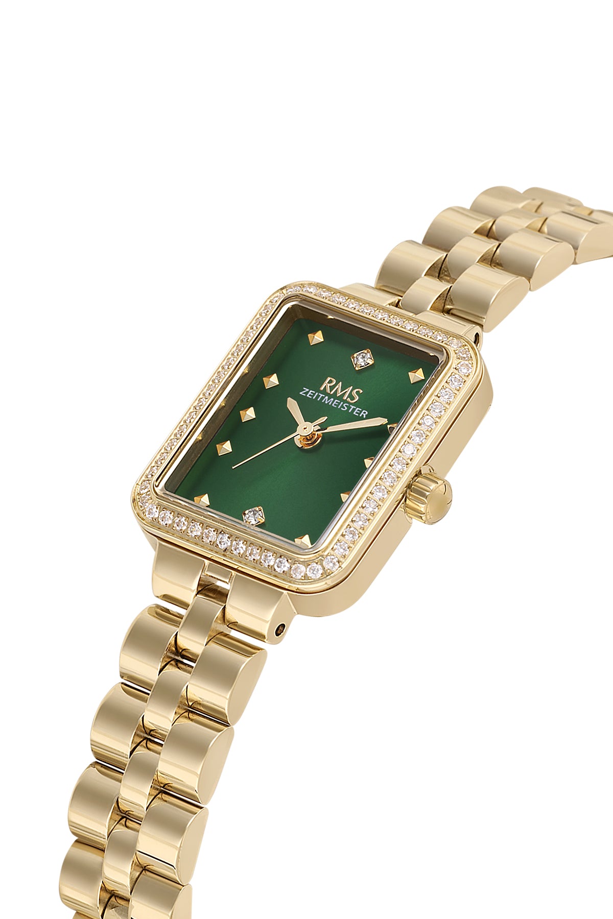 RMS Zeitmeister AG2225.29 women's watch with green dial, gold-tone case and stainless steel bracelet – angled view