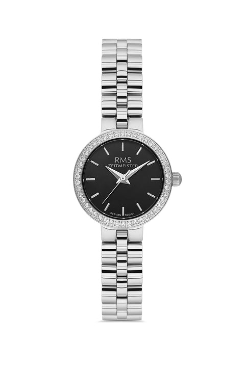 RMS Zeitmeister AG2226.12 women's watch with black dial, silver-tone case and stainless steel bracelet – front view