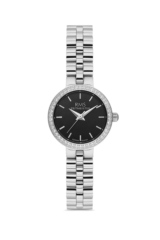 RMS Zeitmeister AG2226.12 women's watch with black dial, silver-tone case and stainless steel bracelet – front view