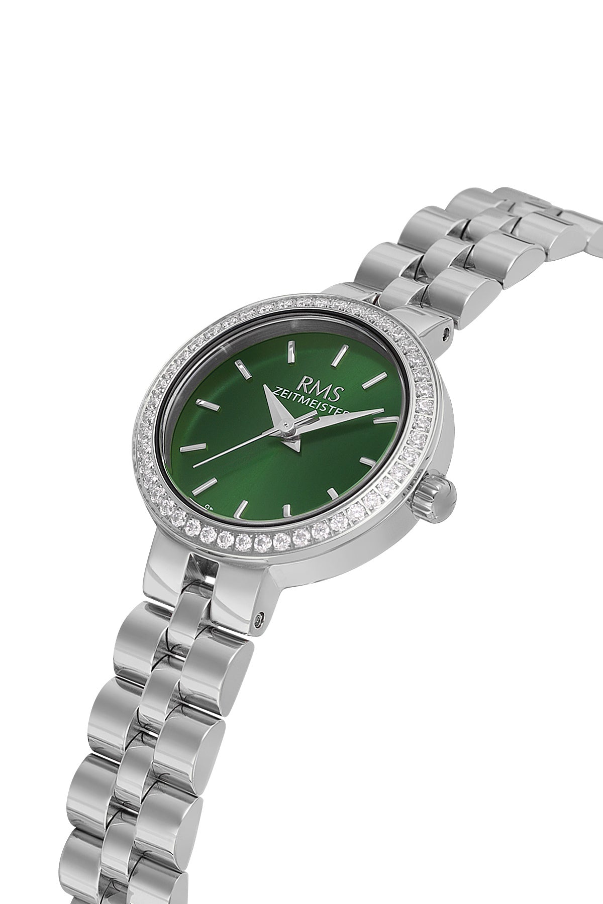 RMS Zeitmeister AG2226.19 women's watch with green dial, silver-tone case and stainless steel bracelet – angled view