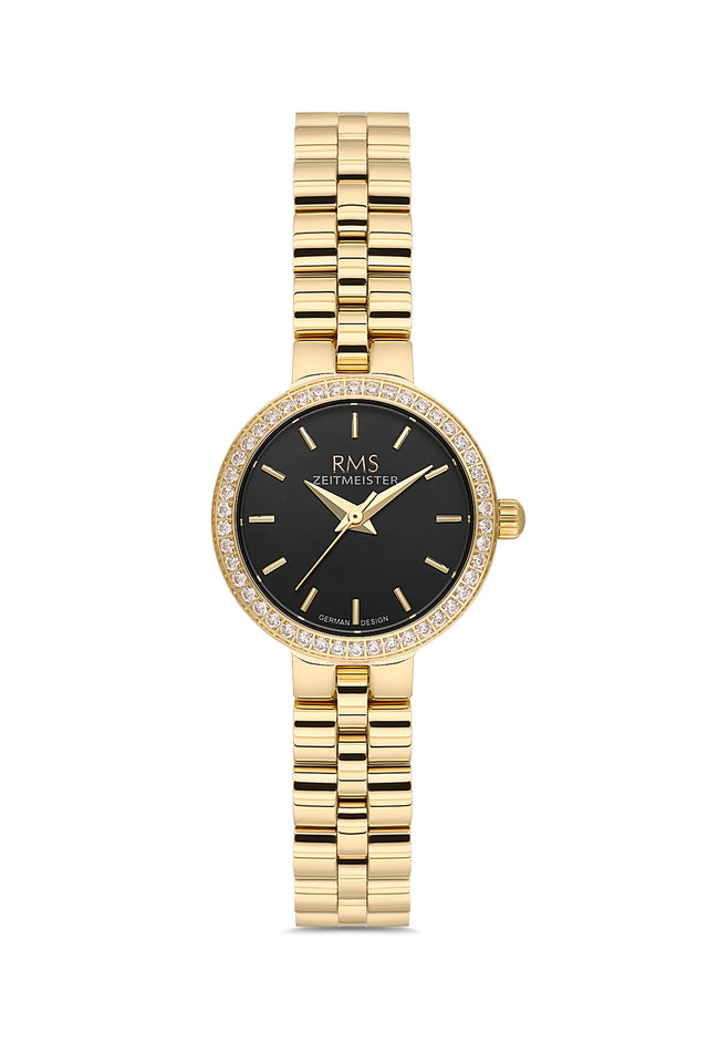 RMS Zeitmeister AG2226.22 women's watch with black dial, gold-tone case and stainless steel bracelet – front view