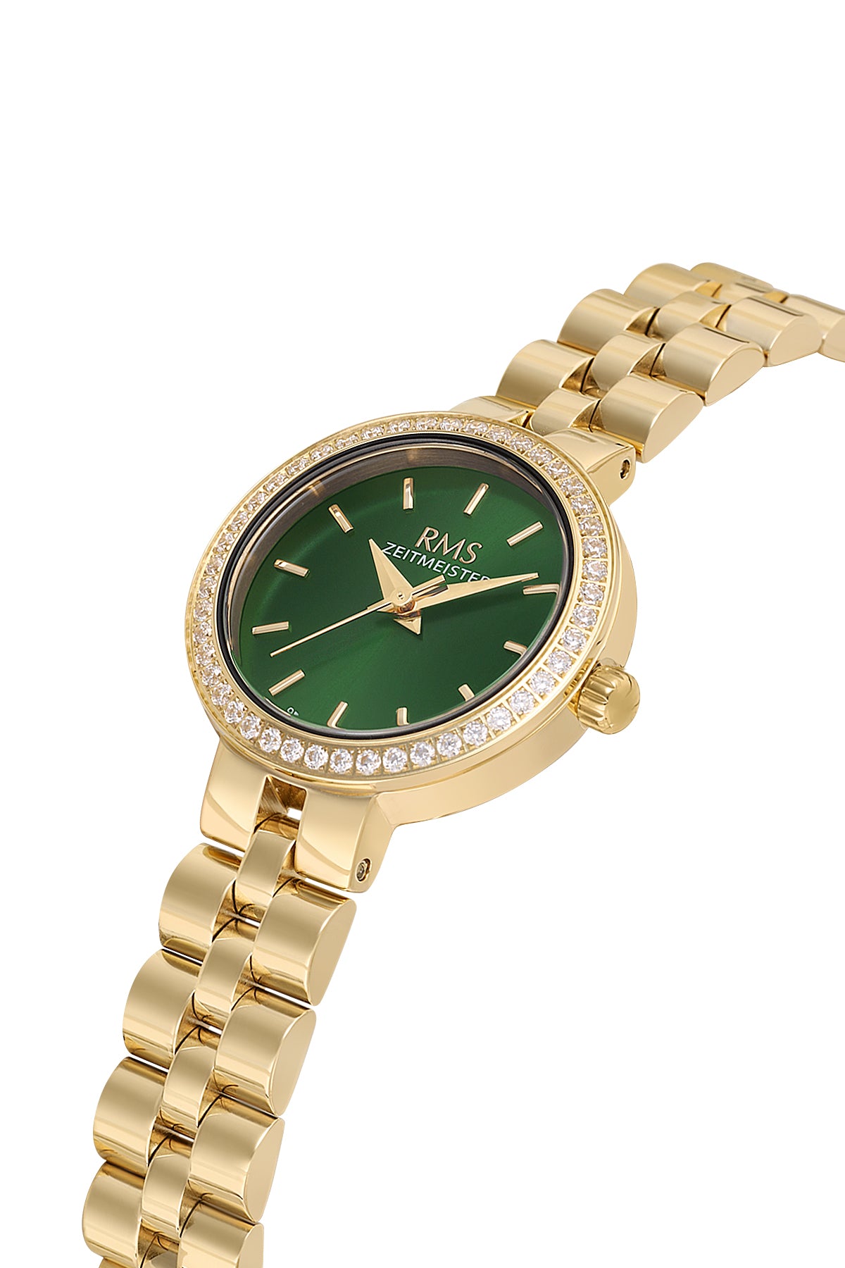 RMS Zeitmeister AG2226.29 women's watch with green dial, gold-tone case and stainless steel bracelet – angled view