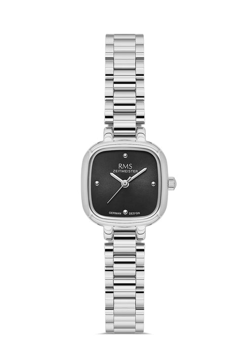 RMS Zeitmeister AG2227.12 women's watch with black dial, silver-tone case and stainless steel bracelet – front view