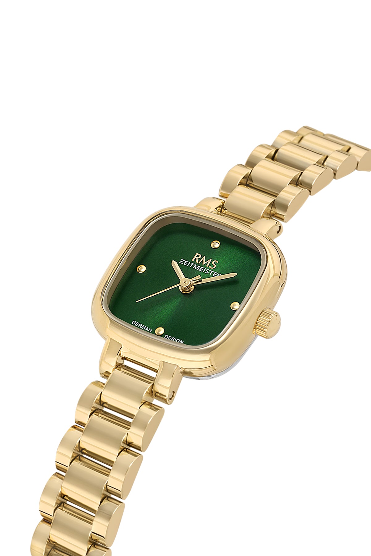 RMS Zeitmeister AG2227.29 women's watch with green dial, gold-tone case and stainless steel bracelet – angled view