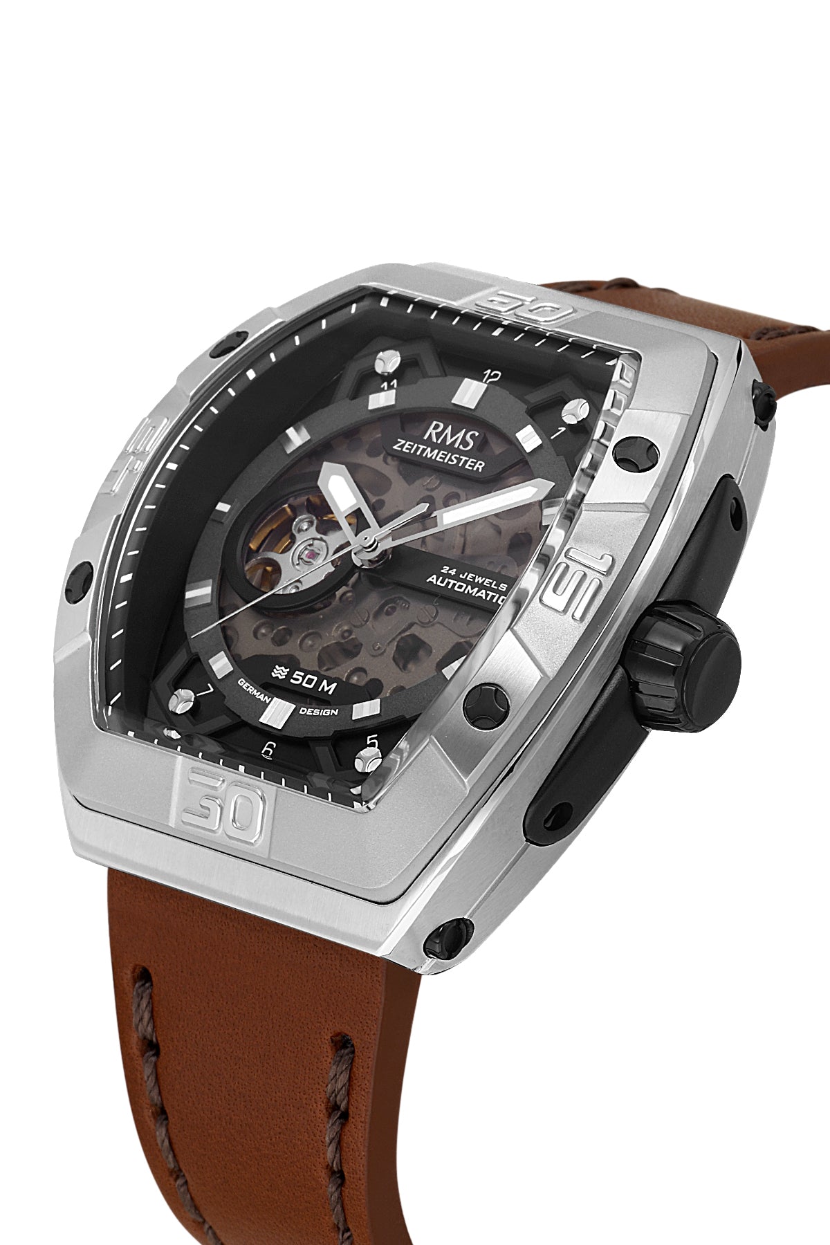 RMS Zeitmeister AG2235.112 men's automatic watch with black dial, silver-tone case and brown genuine leather strap – angled view