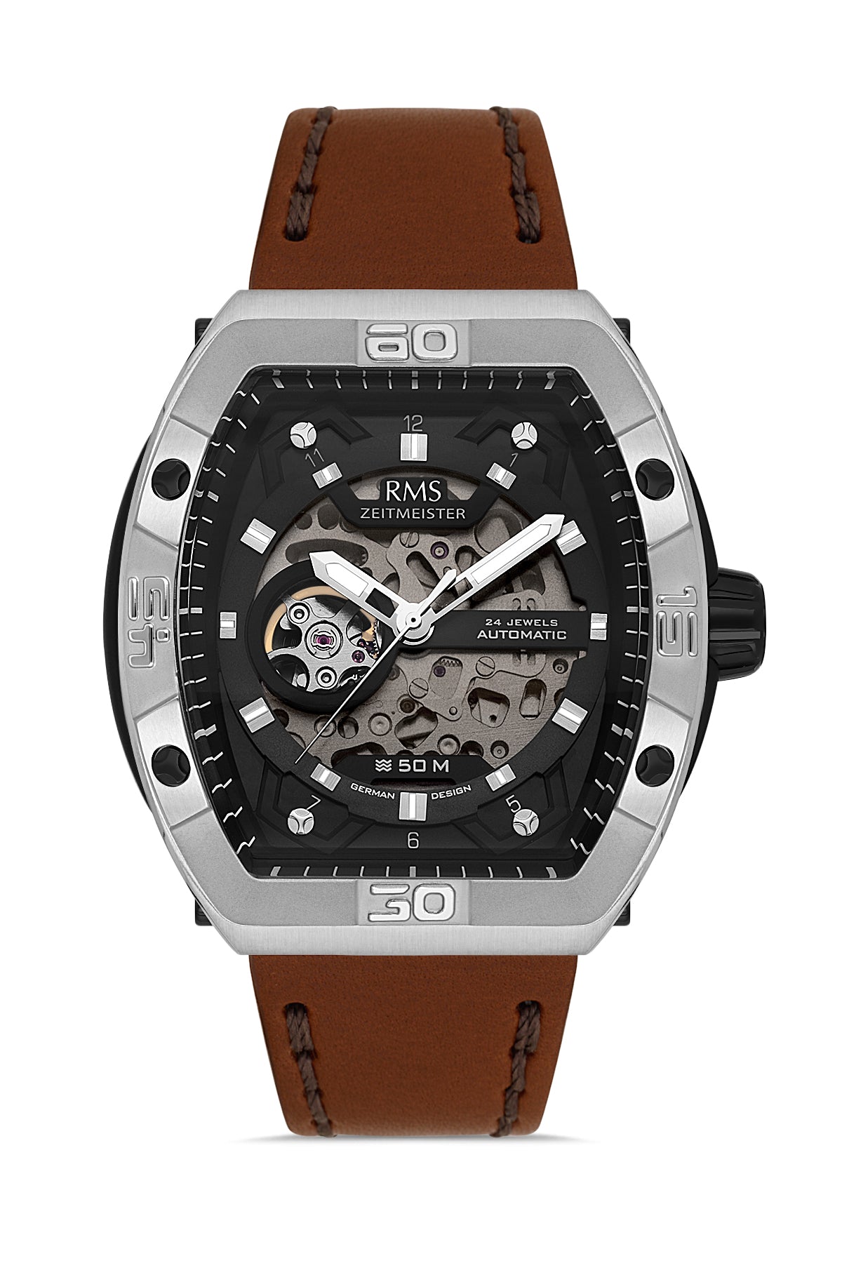 RMS Zeitmeister AG2235.112 men's automatic watch with black dial, silver-tone case and brown genuine leather strap – front view