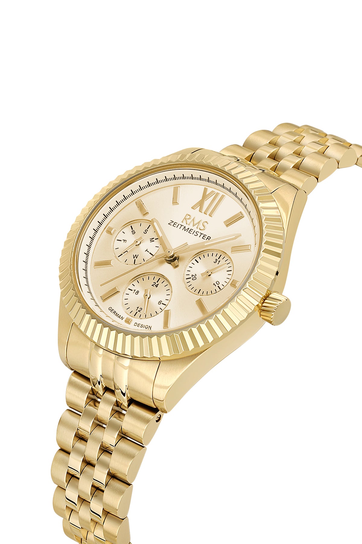 RMS Zeitmeister AG2250.25 women's watch with gold dial, gold-tone case and stainless steel bracelet – angled view