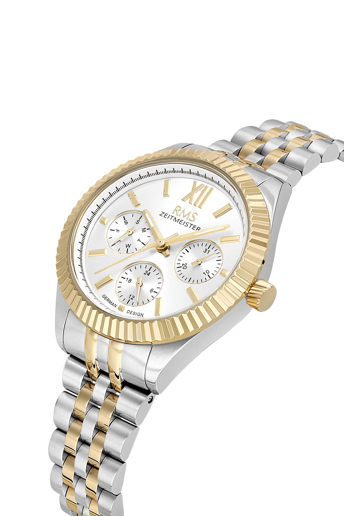 RMS Zeitmeister AG2250.40 women's watch with silver dial, two-tone case and stainless steel bracelet – angled view